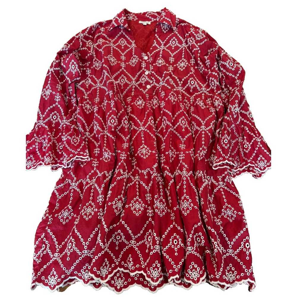 ModaPosa red white embroidered brocade womens' dress fancy hem 100% cotton sz XL
